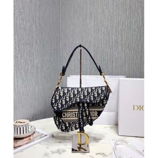 Replica Christian Dior Saddle Original Oblique Embroidered Canvas Bag Dark Blue