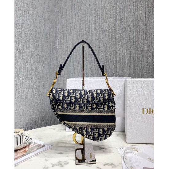 Replica Christian Dior Saddle Original Oblique Embroidered Canvas Bag Dark Blue