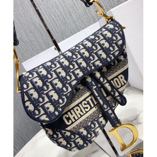 Replica Christian Dior Saddle Original Oblique Embroidered Canvas Bag Dark Blue