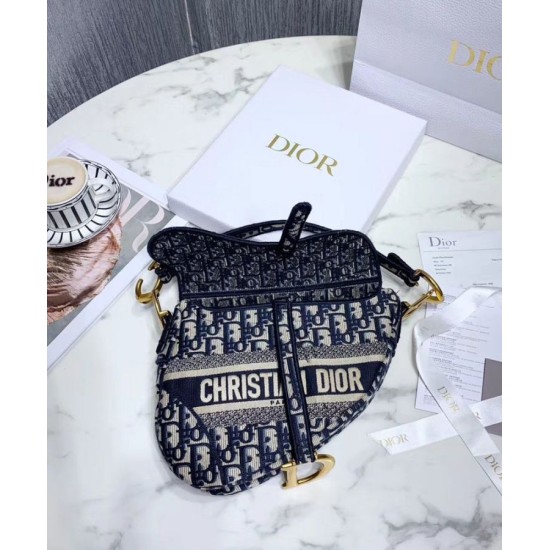 Replica Christian Dior Saddle Original Oblique Embroidered Canvas Bag Dark Blue