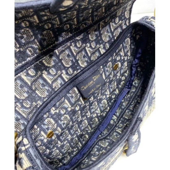 Replica Christian Dior Saddle Original Oblique Embroidered Canvas Bag Dark Blue