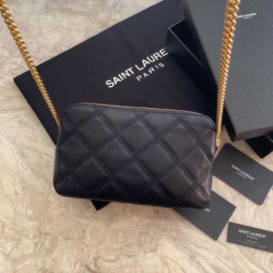 Replica YSL Saint Laurent Becky Double Zip Pouch Quilted Lambskin Black