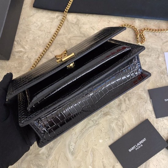 Fake YSL Small crocodile Satchel Bag Black Gold Replica