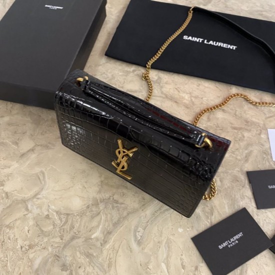 Fake YSL Small crocodile Satchel Bag Black Gold Replica
