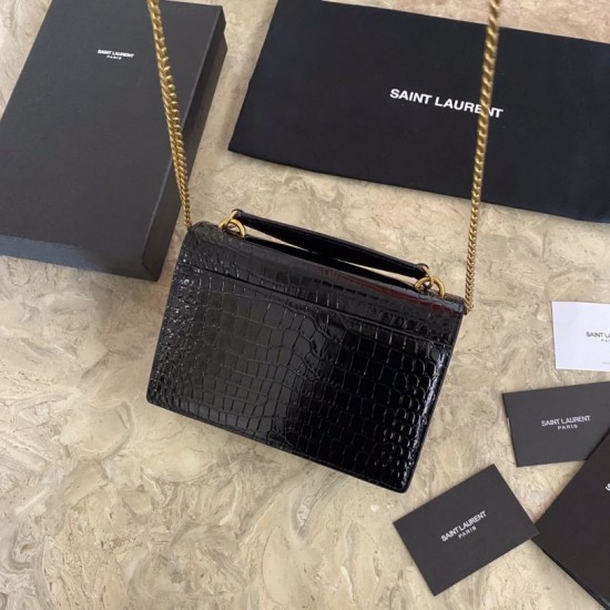 Fake YSL Small crocodile Satchel Bag Black Gold Replica