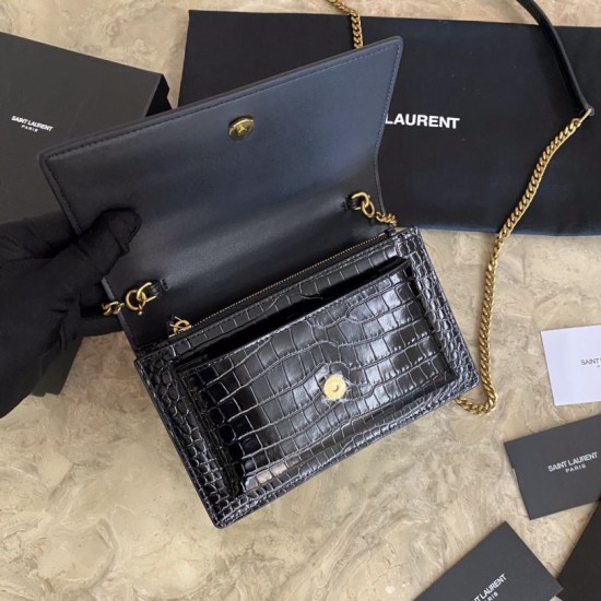 Fake YSL Small crocodile Satchel Bag Black Gold Replica