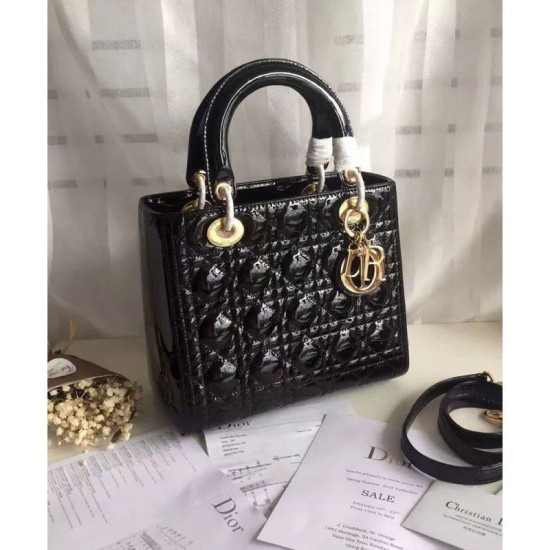 Replica Dior Lady Dior Medium Patent Leather Handbag Black