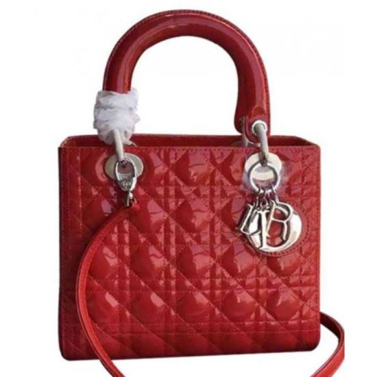 Fake Dior Lady Dior Medium Patent Leather Handbag Red Replica