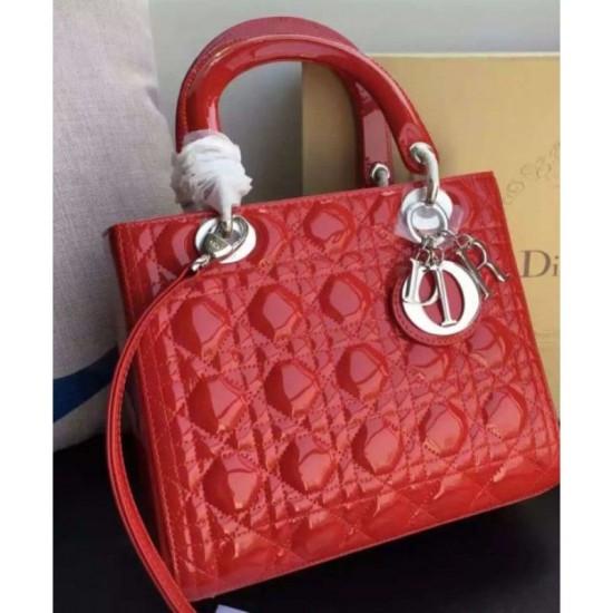 Fake Dior Lady Dior Medium Patent Leather Handbag Red Replica