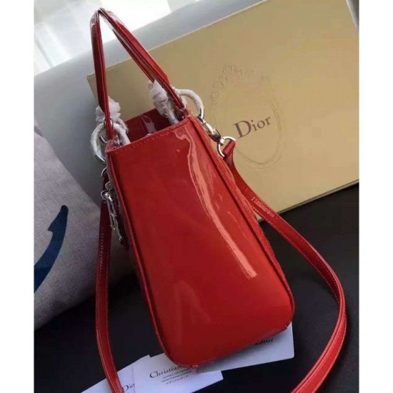 Fake Dior Lady Dior Medium Patent Leather Handbag Red Replica