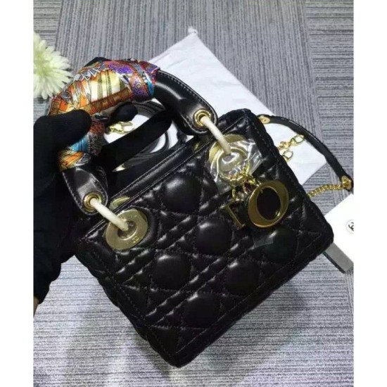 Fake Dior Lady Dior Mini Classic Tote Bag With Lambskin Black Replica