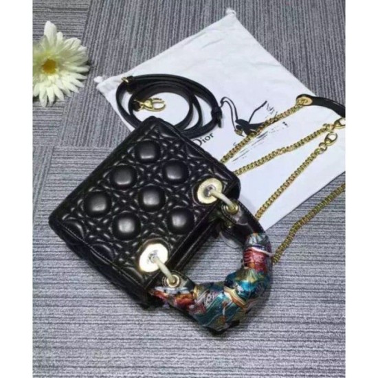 Fake Dior Lady Dior Mini Classic Tote Bag With Lambskin Black Replica