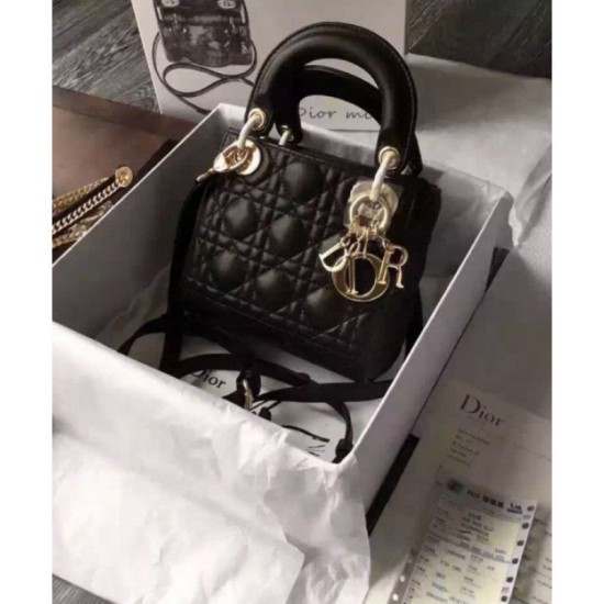Fake Dior Lady Dior Mini Classic Tote Bag With Lambskin Black Replica