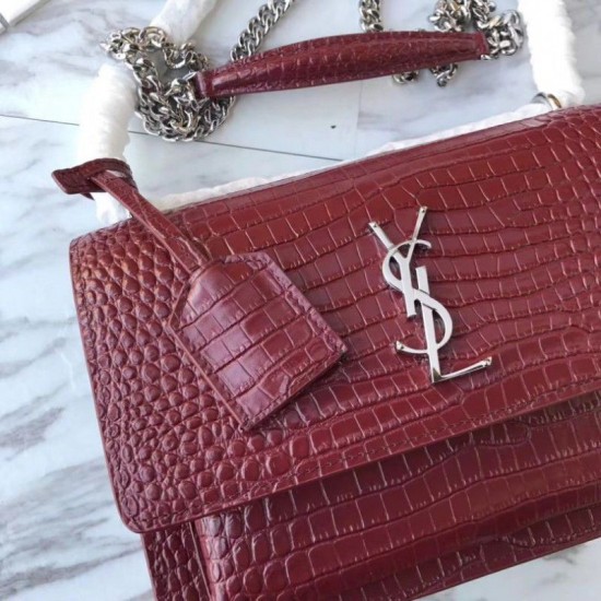 Fake YSL Saint Laurent Medium Sunset Bag In Crocodile Embossed Shiny Leather Replica