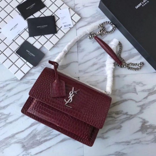 Fake YSL Saint Laurent Medium Sunset Bag In Crocodile Embossed Shiny Leather Replica