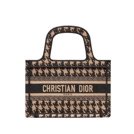 Fake Christian Dior Mini Houndstooth Embroidery Book Tote Handbag Cream Replica
