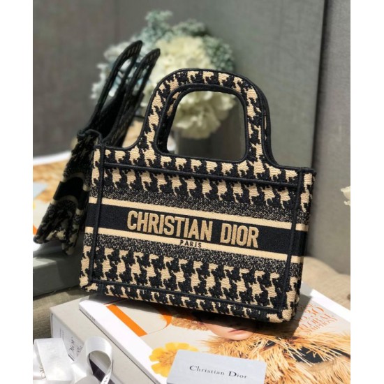 Fake Christian Dior Mini Houndstooth Embroidery Book Tote Handbag Cream Replica