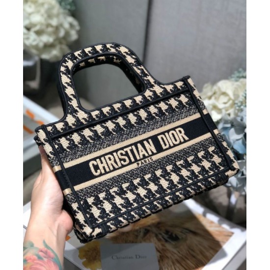Fake Christian Dior Mini Houndstooth Embroidery Book Tote Handbag Cream Replica