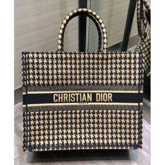 Replica Christian Dior Houndstooth Embroidery Book Tote Handbag Cream