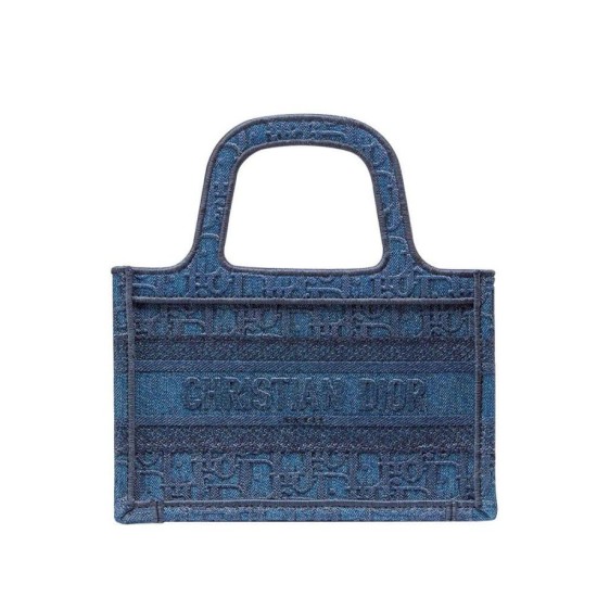 Replica Christian Dior Book Tote Mini Denim Dior Oblique Embroidered Tote Blue