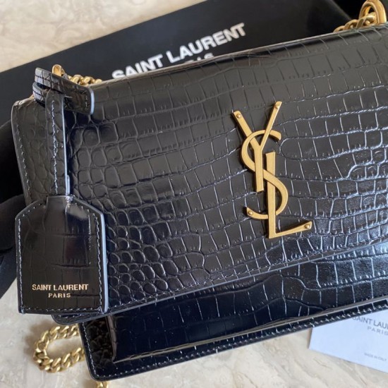Fake YSL Saint Laurent Medium Sunset Bag In Crocodile Embossed Gold Hardware Replica