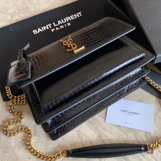 Fake YSL Saint Laurent Medium Sunset Bag In Crocodile Embossed Gold Hardware Replica