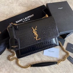 Fake YSL Saint Laurent Medium Sunset Bag In Crocodile Embossed Gold Hardware Replica