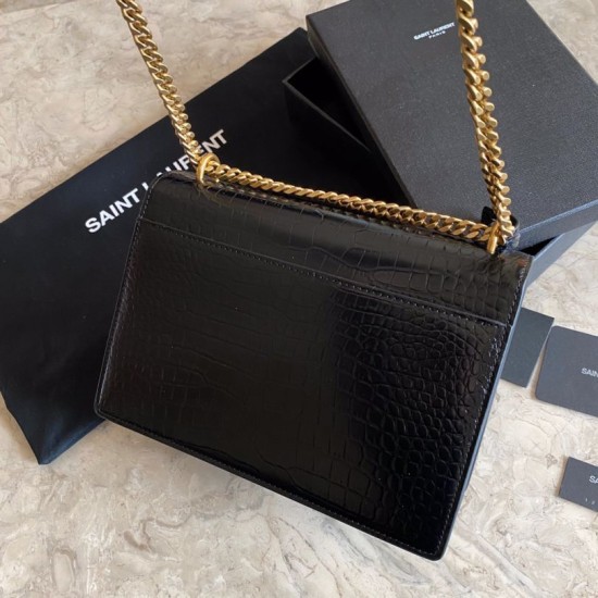 Fake YSL Saint Laurent Medium Sunset Bag In Crocodile Embossed Gold Hardware Replica