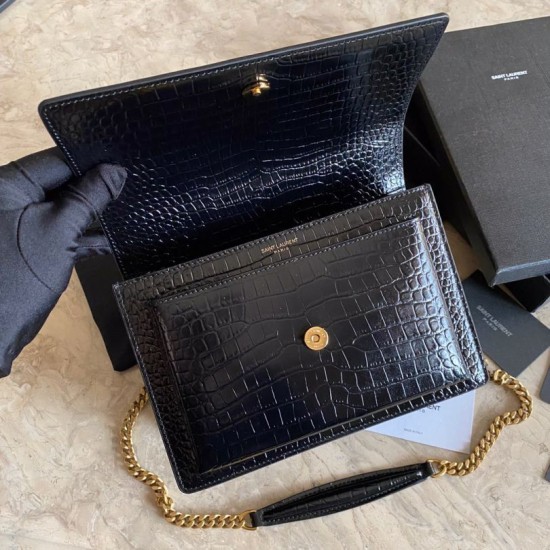 Fake YSL Saint Laurent Medium Sunset Bag In Crocodile Embossed Gold Hardware Replica