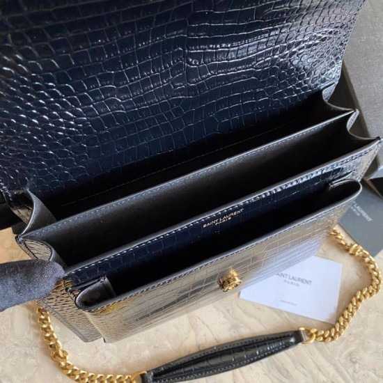 Fake YSL Saint Laurent Medium Sunset Bag In Crocodile Embossed Gold Hardware Replica
