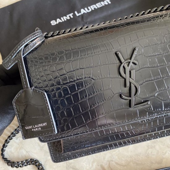 Replica YSL Saint Laurent Medium Sunset Bag In Crocodile Embossed Black Hardware