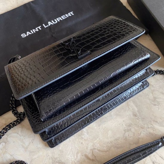 Replica YSL Saint Laurent Medium Sunset Bag In Crocodile Embossed Black Hardware