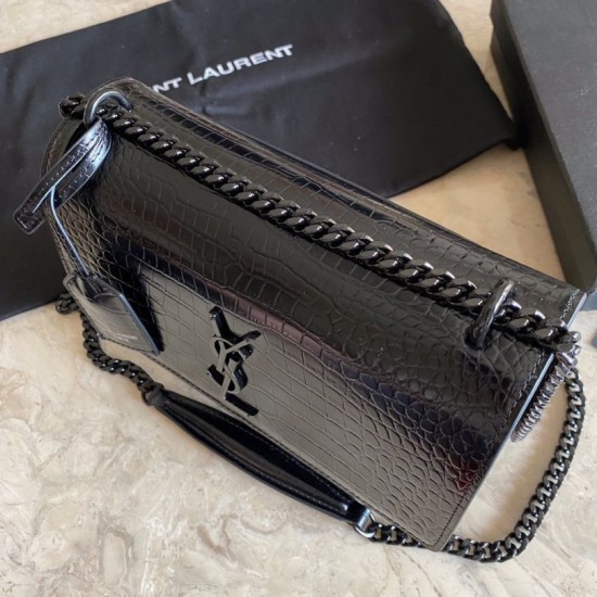 Replica YSL Saint Laurent Medium Sunset Bag In Crocodile Embossed Black Hardware