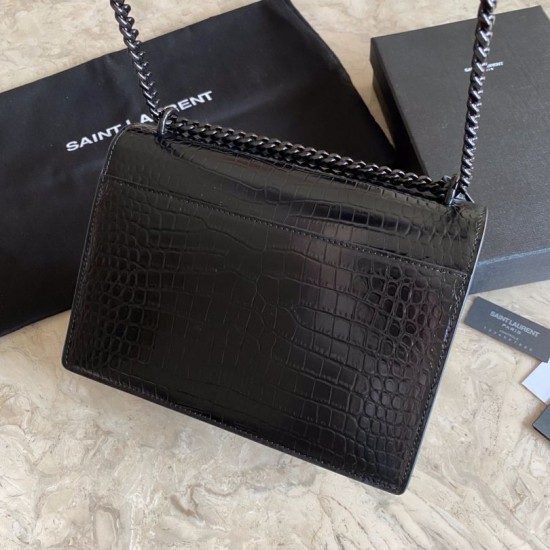 Replica YSL Saint Laurent Medium Sunset Bag In Crocodile Embossed Black Hardware