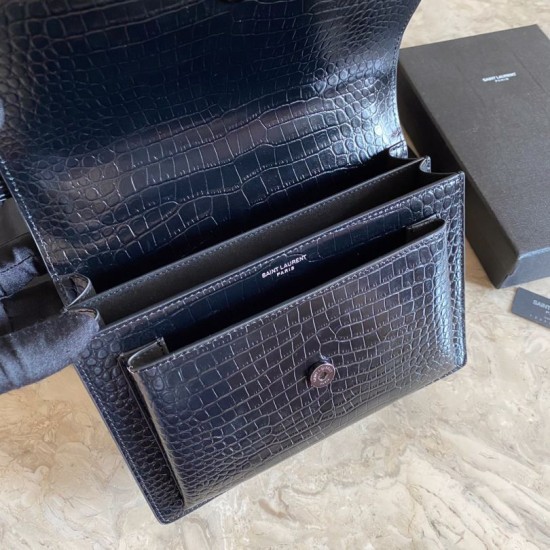 Replica YSL Saint Laurent Medium Sunset Bag In Crocodile Embossed Black Hardware