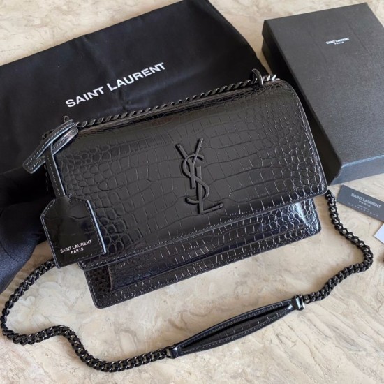 Replica YSL Saint Laurent Medium Sunset Bag In Crocodile Embossed Black Hardware