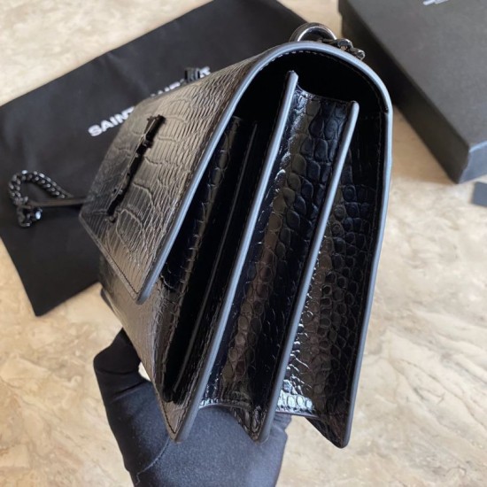 Replica YSL Saint Laurent Medium Sunset Bag In Crocodile Embossed Black Hardware