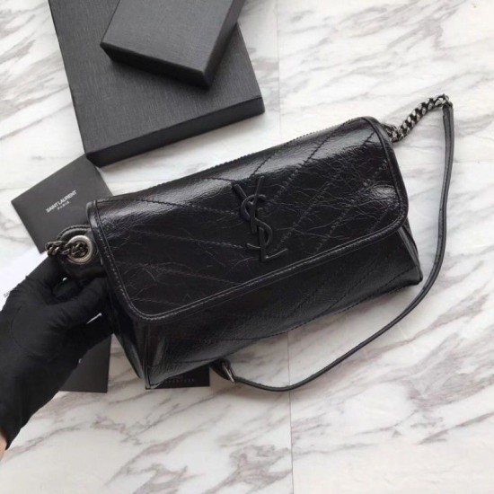 Fake YSL Saint Laurent  Niki Body Bag Crinkled Vintage Leather Black Replica