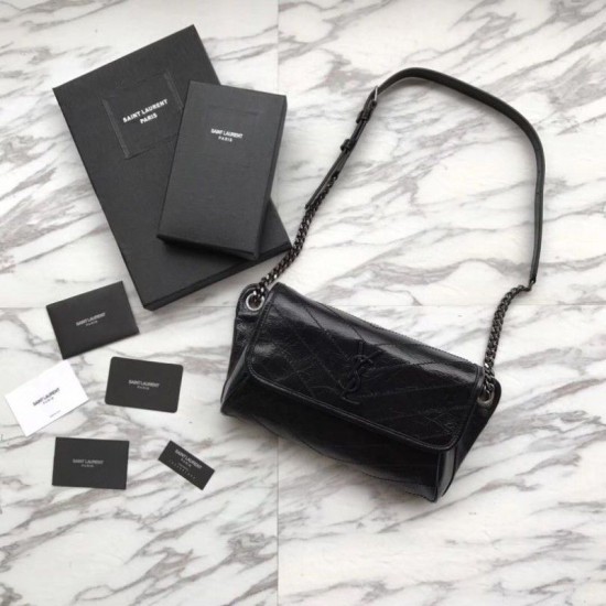 Fake YSL Saint Laurent  Niki Body Bag Crinkled Vintage Leather Black Replica