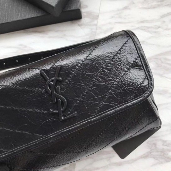 Fake YSL Saint Laurent  Niki Body Bag Crinkled Vintage Leather Black Replica