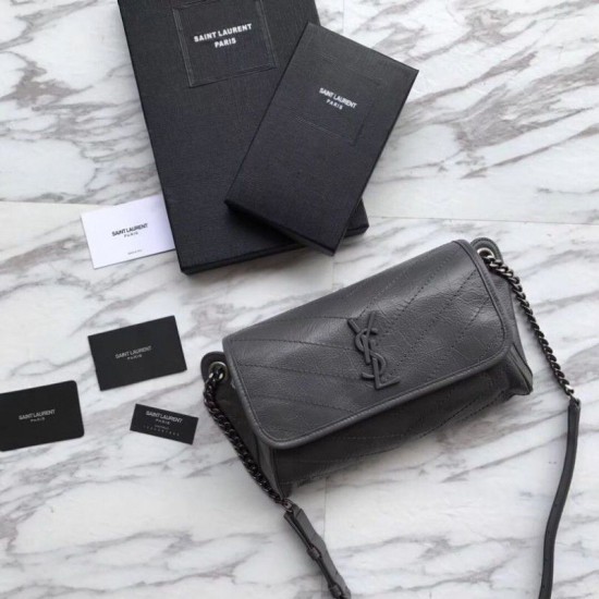Replica YSL Saint Laurent  Niki Body Bag Crinkled Vintage Leather Gray