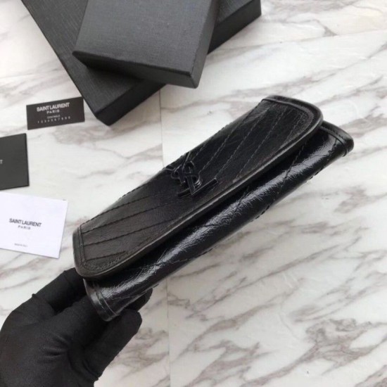 Fake YSL Saint Laurent  Niki Large Wallet Crinkled Leather Black Replica