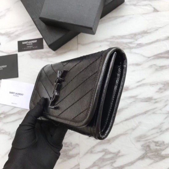 Fake YSL Saint Laurent  Niki Large Wallet Crinkled Leather Black Replica