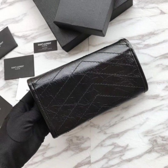 Fake YSL Saint Laurent  Niki Large Wallet Crinkled Leather Black Replica