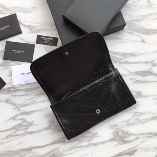 Fake YSL Saint Laurent  Niki Large Wallet Crinkled Leather Black Replica
