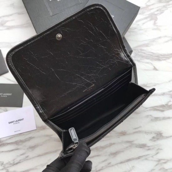 Fake YSL Saint Laurent  Niki Large Wallet Crinkled Leather Black Replica