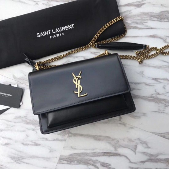 Replica YSL Saint Laurent Medium Sunset Bag Smooth Leather Black Gold Hardware