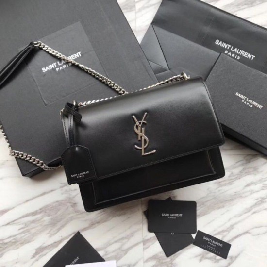 Replica YSL Saint Laurent Medium Sunset Bag Smooth Leather Black Silver Hardware