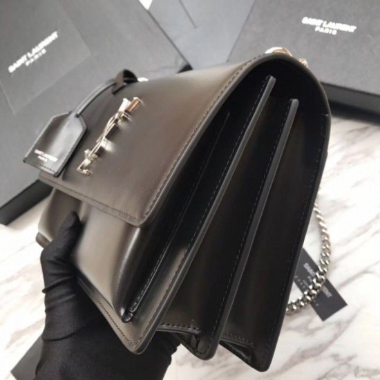 Replica YSL Saint Laurent Medium Sunset Bag Smooth Leather Black Silver Hardware