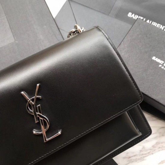 Replica YSL Saint Laurent Medium Sunset Bag Smooth Leather Black Silver Hardware